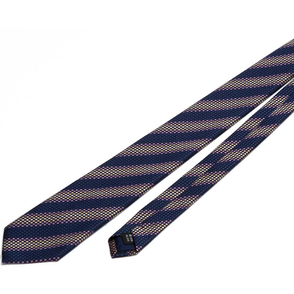 西陣織ネクタイ　小・水玉ベースストライプ　紺×薄パープル